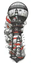 lighthouse and a hot air balloon in a tornado  tattoo design idea