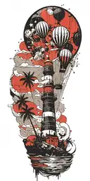 light house beach scene with palm trees and hot air balloons  tattoo design idea
