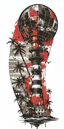 light house beach scene with palm trees and hot air balloons  tattoo design idea