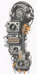 rock music guitar, record player, cassette tape headphones  in a tornado tattoo design idea