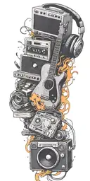 rock music guitar, record player, cassette tape headphones  in a tornado tattoo design idea