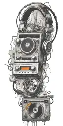 frozen audio cassette tape, headphones, guitar thunder storm  tattoo design idea
