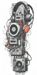 frozen audio cassette tape, headphones, guitar thunder storm  tattoo design idea