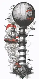 lighthouse and a blimp symbolizing never give up in a tornado  tattoo design idea