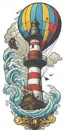 lighthouse pirate ship and a hot air balloon in a tornado  tattoo design idea
