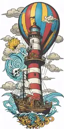 lighthouse pirate ship and a hot air balloon in a tornado  tattoo design idea
