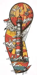 lighthouse hot air balloon and a banner plane a tornado  tattoo design idea