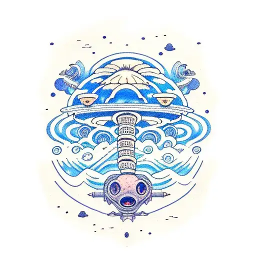 An alien spaceship landing on a beach with mysterious blue-eyed creatures tattoo design idea
