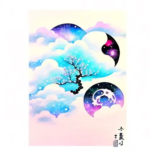 Cherry blossom tree, galaxy, moon, clouds, watercolor, line work tattoo design idea