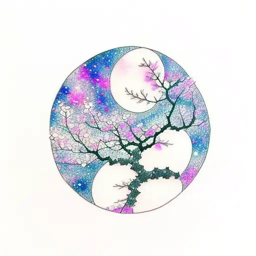 Cherry blossom tree, galaxy, moon, clouds, watercolor, line work tattoo design idea