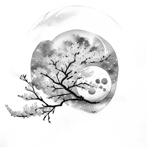 Cherry blossom tree, galaxy, moon, clouds, watercolor, line work tattoo design idea