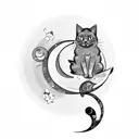 A cat sitting on a crescent moon, surrounded by cherry blossoms and Japanese calligraphy tattoo design idea