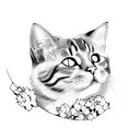 A cat sitting on a crescent moon, surrounded by cherry blossoms and Japanese calligraphy tattoo design idea