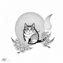 A cat sitting on a crescent moon, surrounded by cherry blossoms and Japanese calligraphy tattoo design idea