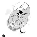 A cat sitting on a crescent moon, surrounded by cherry blossoms and Japanese calligraphy tattoo design idea