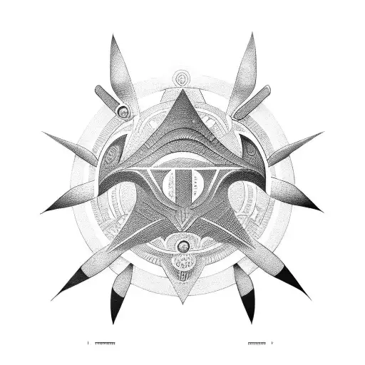Tribal-inspired power symbol incorporating indigenous hieroglyphics in black-grey style tattoo design idea