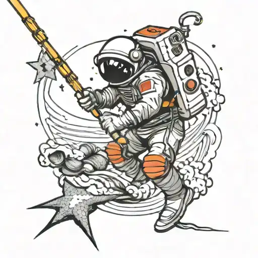 astronaut star fishing rod leaning tattoo design idea