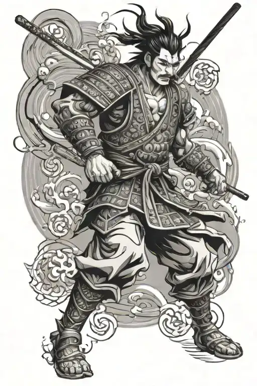 samurai warrior battling demons in anime style on upper arm, lower arm with waves and japanese triad markings  tattoo design idea