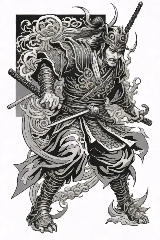 samurai warrior battling demons in anime style  tattoo design idea