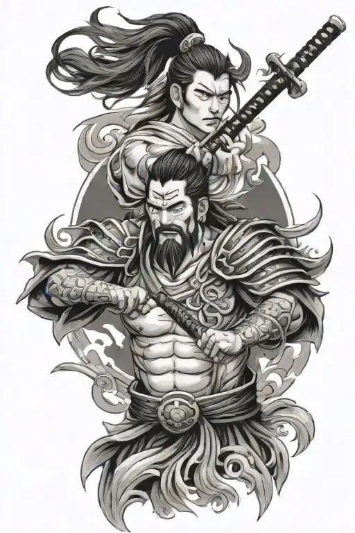 samurai warrior battling demons in anime style on upper arm, lower arm with waves and japanese triad markings  tattoo design idea