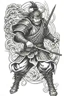 samurai warrior battling demons in anime style on upper arm, lower arm with waves and japanese triad markings  tattoo design idea