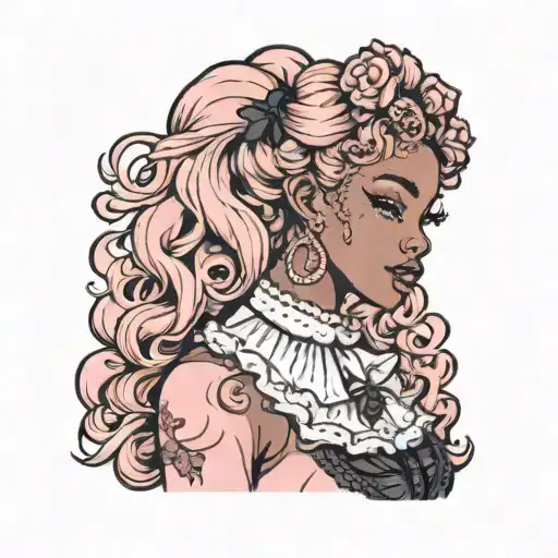 black girl with wavy pink hair in lolita fashion  tattoo design idea