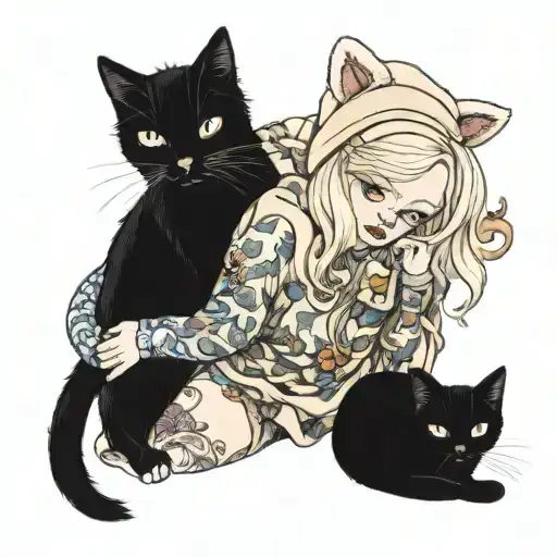 albino girl with black cat beanie and pajamas  tattoo design idea