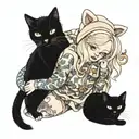 albino girl with black cat beanie and pajamas  tattoo design idea