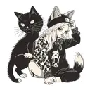 albino girl with black cat beanie and pajamas  tattoo design idea