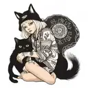 albino girl with black cat beanie and pajamas  tattoo design idea