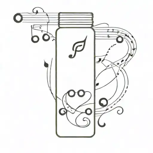 A stylized representation of a migraine relief medication bottle, intertwined with music notes and family symbols tattoo design idea