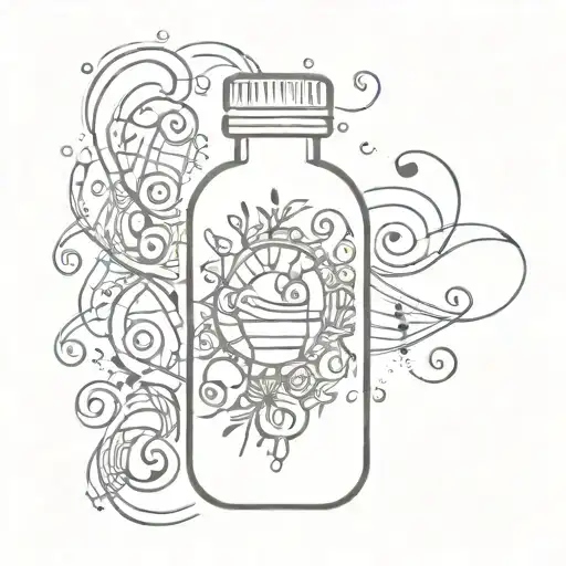 A stylized representation of a migraine relief medication bottle, intertwined with music notes and family symbols tattoo design idea