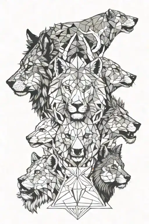 Three heads of animals up deer in the middle of a wolf and below a lion tattoo design idea