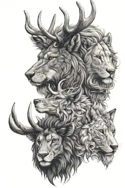 A stunning and detailed illustration featuring the heads of three powerful animals: a stag, a wolf, and a lion. The stag tattoo design idea