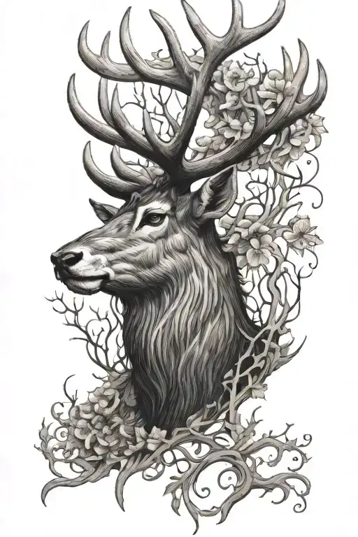 Top: A stag's head with large, branching antlers. The detailed line work captures the texture of the fur and the antlers tattoo design idea