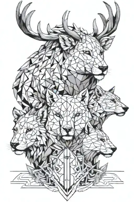 Three heads of animals up deer in the middle of a wolf and below a lion tattoo design idea
