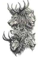 A stunning and detailed illustration featuring the heads of three powerful animals: a stag, a wolf, and a lion. The stag tattoo design idea