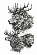 A stunning and detailed illustration featuring the heads of three powerful animals: a stag, a wolf, and a lion. The stag tattoo design idea