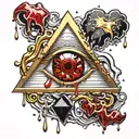 Gold silver and black Beating Heart melting and dripping blood. Crystal and gemstone backdrop. all seeing eye tattoo design idea