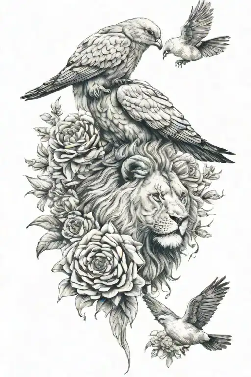 a lion, bear, dove, bird, marigold  tattoo design idea