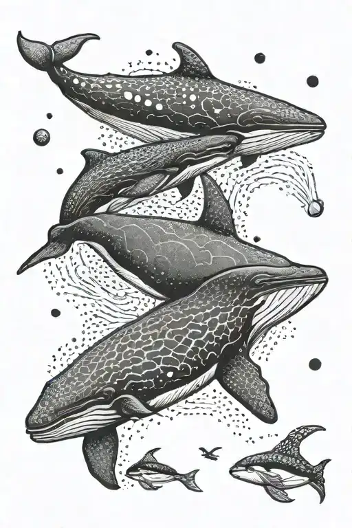 sperm whale swimming with an orca a dolphin and a turtle  tattoo design idea