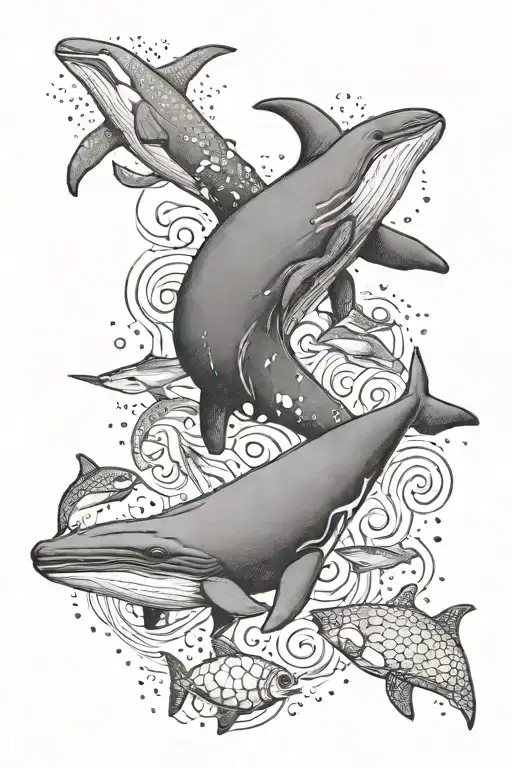 sperm whale swimming with an orca, a dolphin and a turtle tattoo design idea