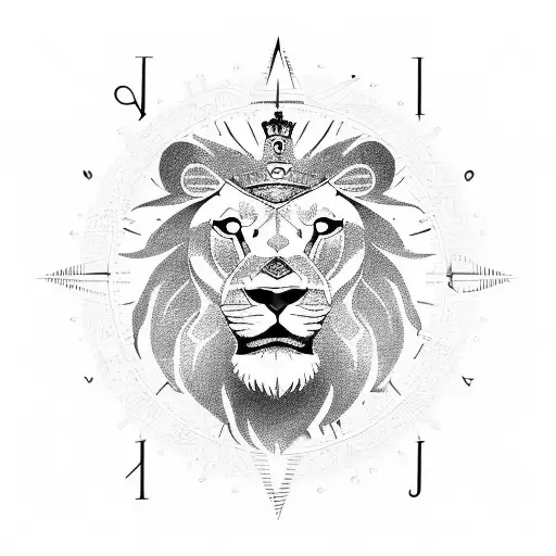 lion face with crown cross compass clock tattoo design idea