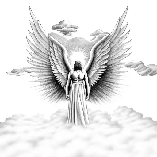 a male angel flying upwards through the clouds with sun rays holding an assault rifle with its wings back  tattoo design idea