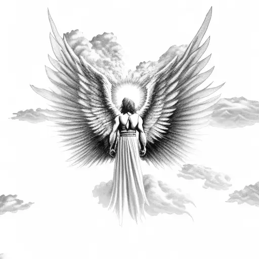 a male angel flying upwards through the cloud with its wings with sun rays holding an assault rifle with its wings back  tattoo design idea