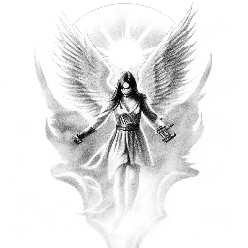 an angel ascending through the clouds with sun rays holding an assault rifle with its wings back  tattoo design idea