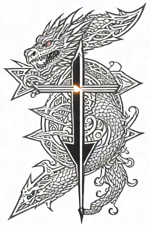 An arrow wrapped by a dragon and lightning bolts tattoo design idea