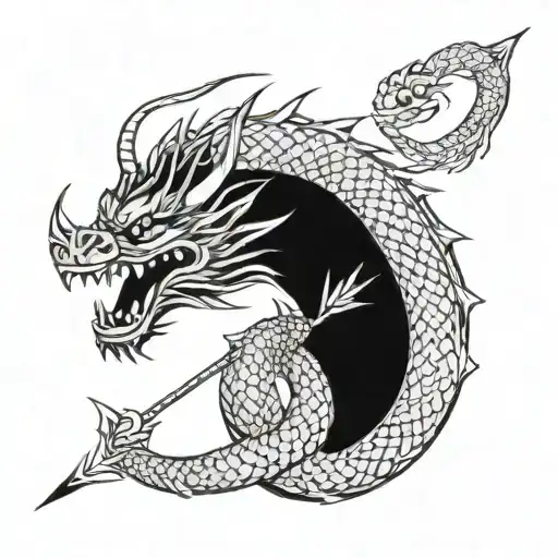 A traditional Japanese dragon coiled around a glowing arrow, symbolizing power and determination tattoo design idea