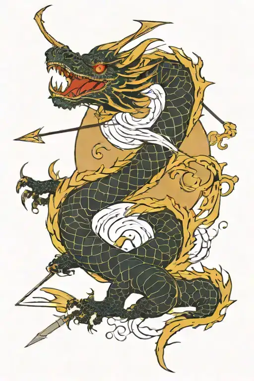 A dragon wrapped around an arrow, surrounded by lightning bolts tattoo design idea