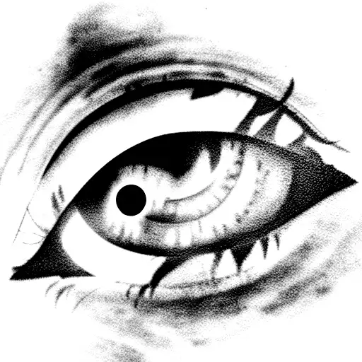 black and grey eye with a flame in the middle of the pupil tattoo design idea